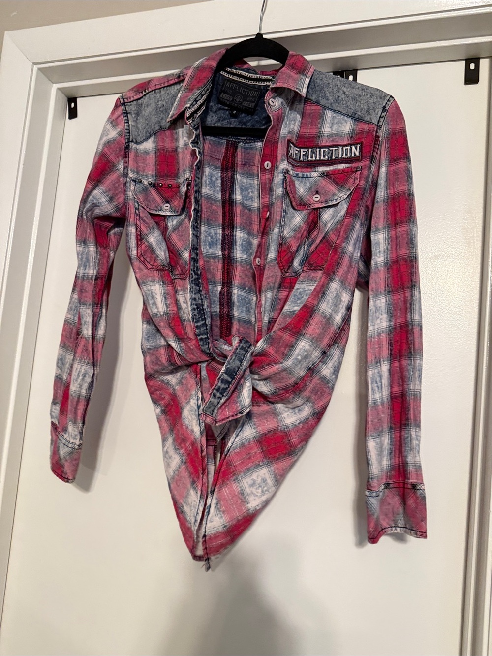 Affliction Red & Navy Distressed Plaid Button-Down Shirt - Picture 6 of 6